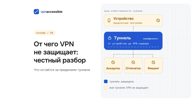 Синий туннель в центре, вокруг тёплые карточки вне защиты: устройство, аккаунты, отпечаток, фишинг